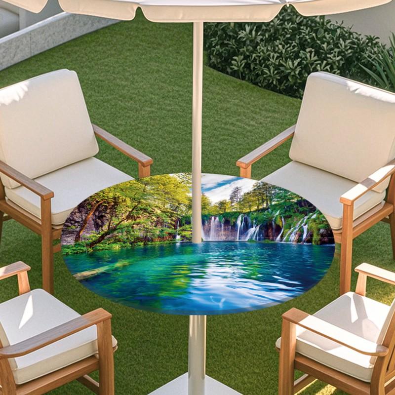 Outdoor Round Table Cover With Nature Print Waterproof Elastic Hem Patio Garden Deck