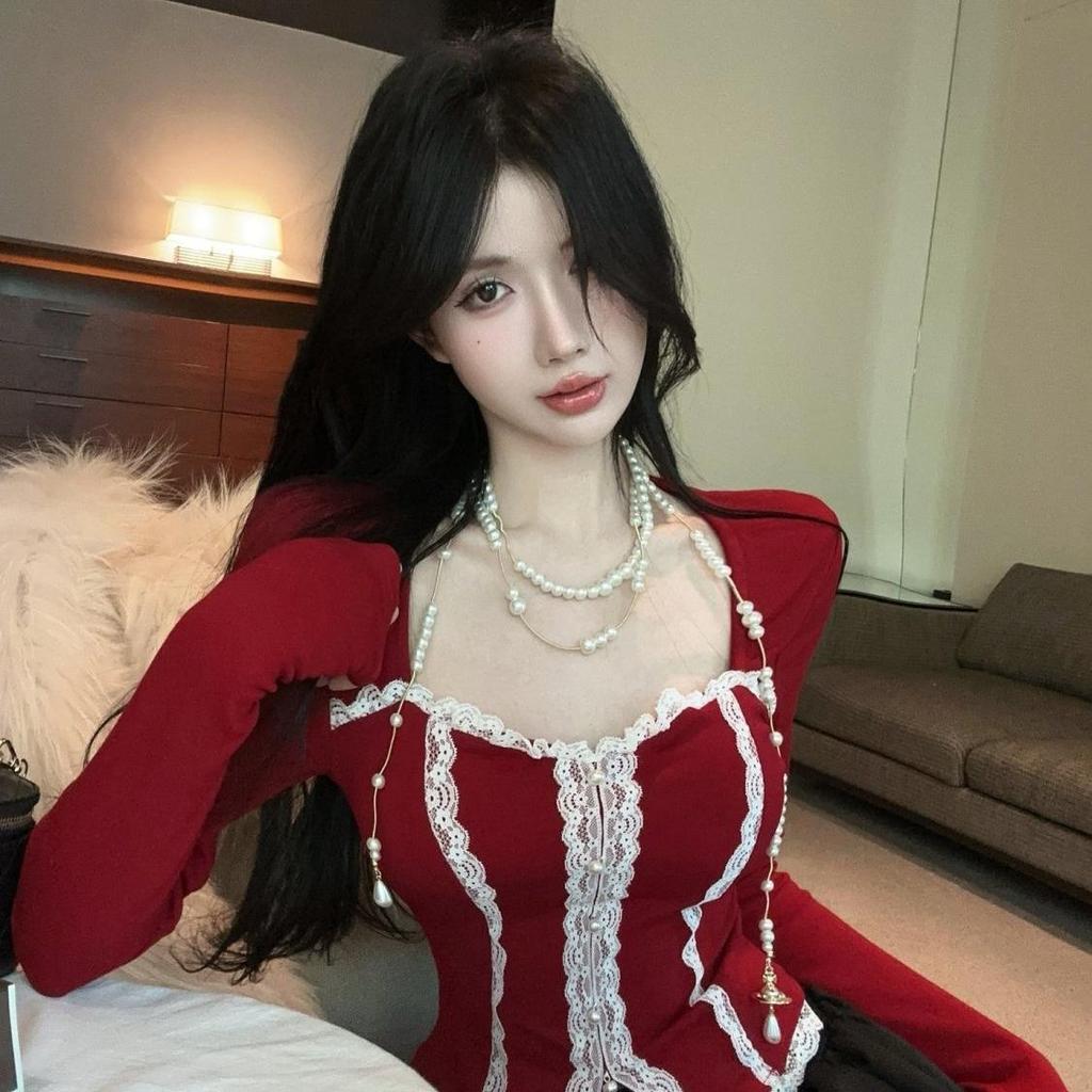 Women's Square Neck Slim Fit Lace Patchwork Top - Long Sleeve, Cropped, Autumn/Winter Style