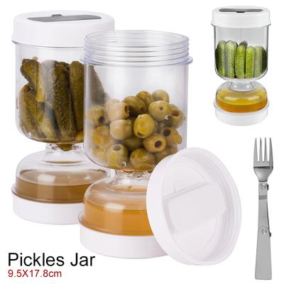 Pickle Jar with Fork Dry and Wet Dispenser Pickle Olives Hourglass Jar Leakproof Bottle for Kitchen Foods Storage Separator Tool
