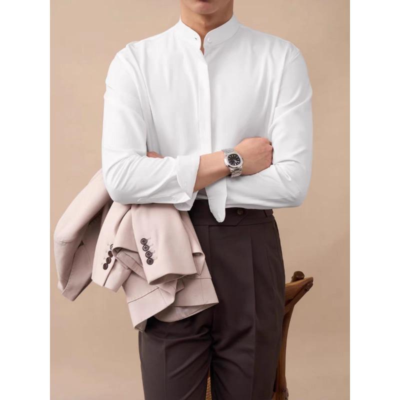 Mens Stand Collar Non Iron Slim Fit Long Sleeve Cool Casual Shirt