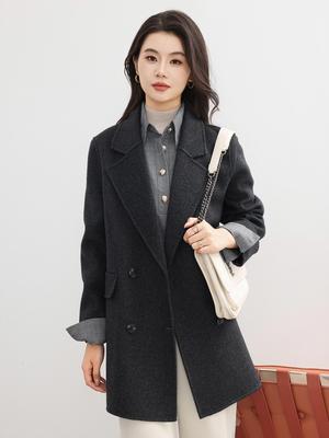 Women's Mid-Length Double-Sided Cashmere Coat, Double-Breasted & Loose Fit with Suit Collar