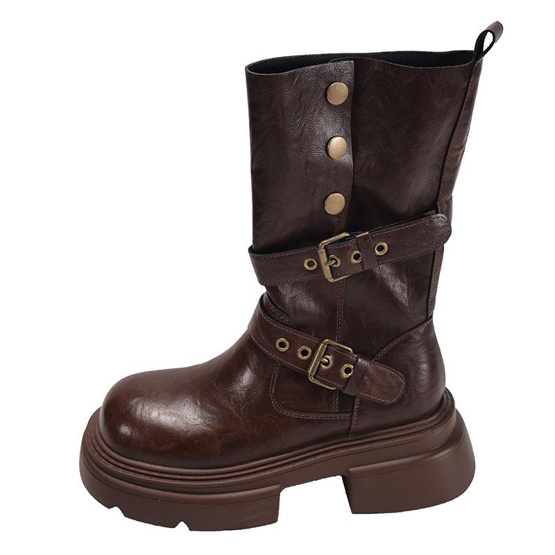 Braune Retro-Martin-Stiefel mit dicker Sohle und dickem Absatz für Damen, neu für Sommer 2025, Britischer Stil, dünne niedrige Schaftstiefel