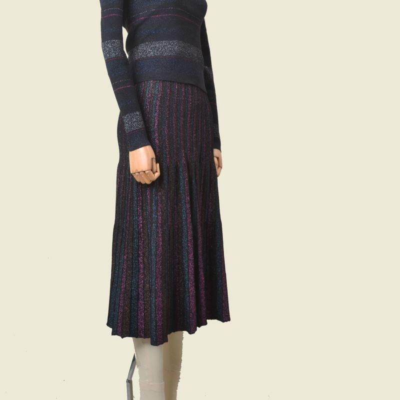

French Style Fil-Lumiere Weave Skirt Spring and Summer New Arrival Fashion Wind Waist-Tight Slim Looking Colorblock Mid-Length A- line Pleated Purple M
