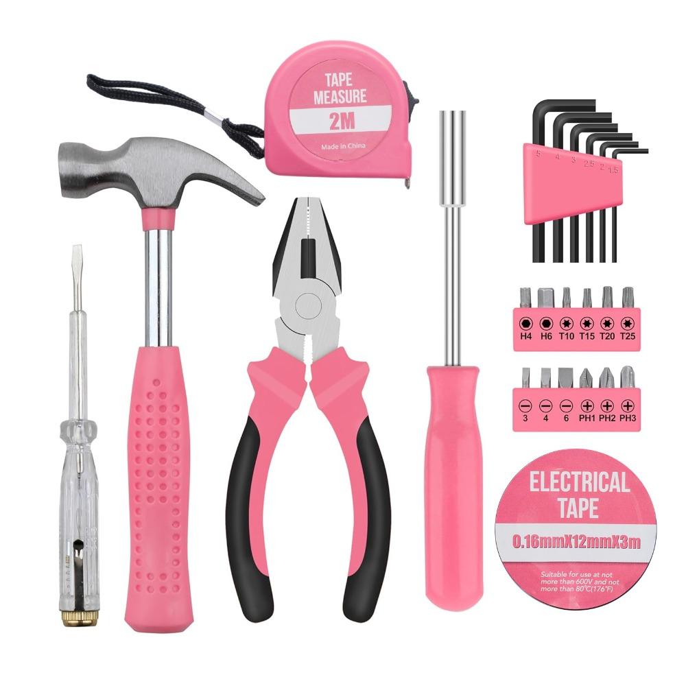 Pink Home Repair Tool Kit Portable Hand Tools Set with Hammer Vise Wrench Screwdriver for DIY Car Emergency