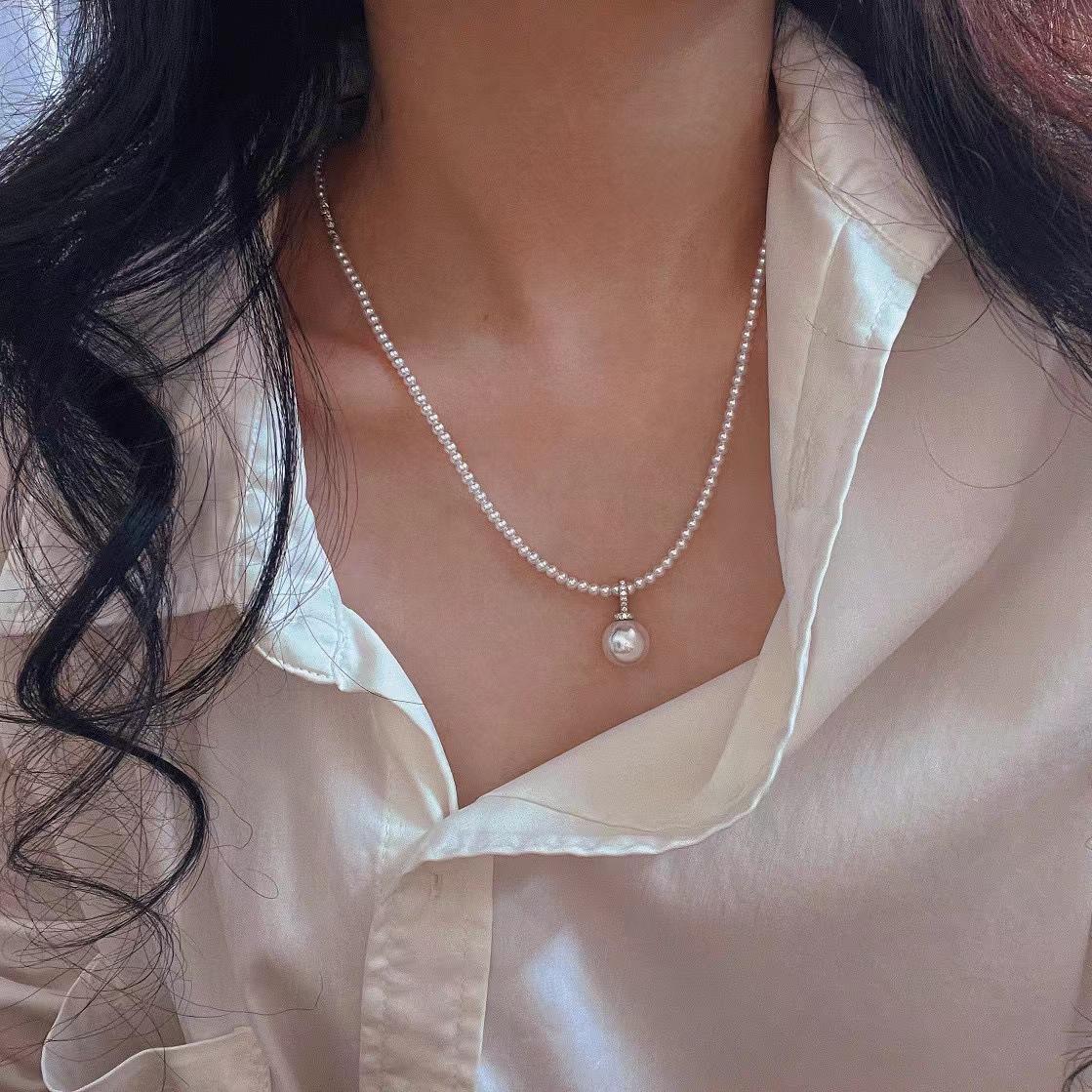Vintage High-Quality Small Particle Shijia Positive Round Strong Light Pearl Necklace Pendant Removable French Elegance