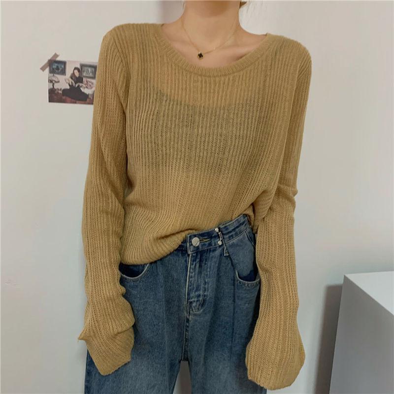 Fashion Crew Neck Hollow Out Sun Protection Cover Up Spring Autumn Korean Style Loose Lazy Style Long Sleeve Knit Top Women's