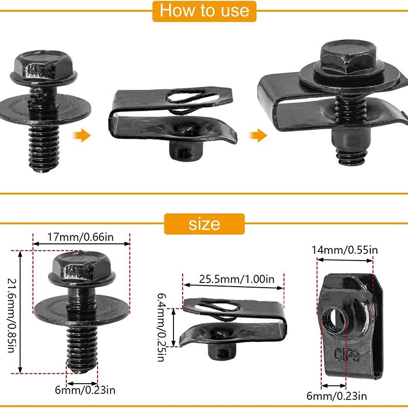 Car Body Bolts U-Nut Clips Gaskets M6 Engine Cover Undertray Splash Shield Guard Bumper Fender Liner Retainer Rivet Screws