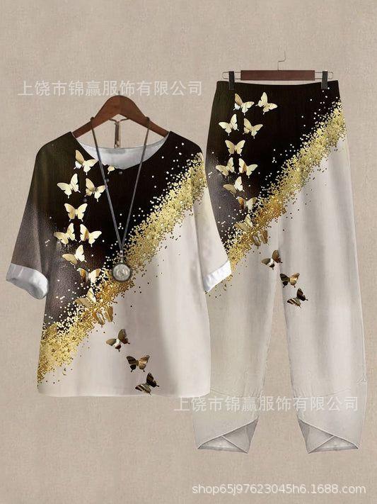 Spring and summer national style bamboo leaf plant printed women's clothing, breathable round neck medium sleeve top, elastic waist loose eight-point