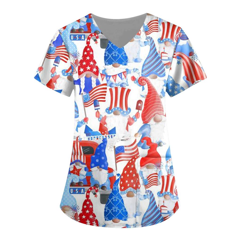 Women's Independence Day Print Short Sleeve V Neck Top Work Pocket Shirt