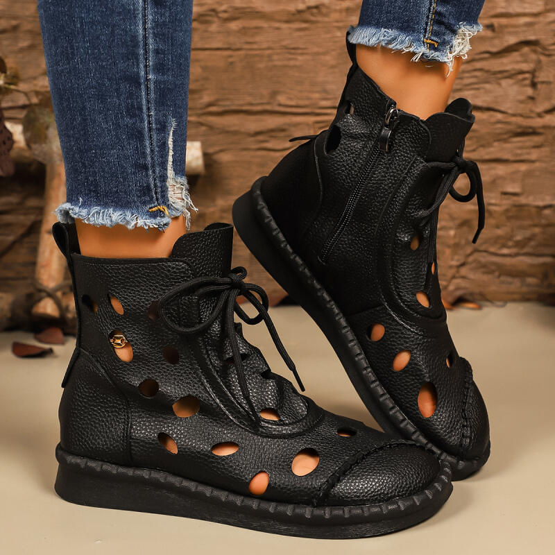 Fashion Vintage Breathable Hollowed Out Ankle Boots Women 2025 Autumn Retro Low Heel Solid Brown Boots Comfort Soft Sole Mom's Shoes