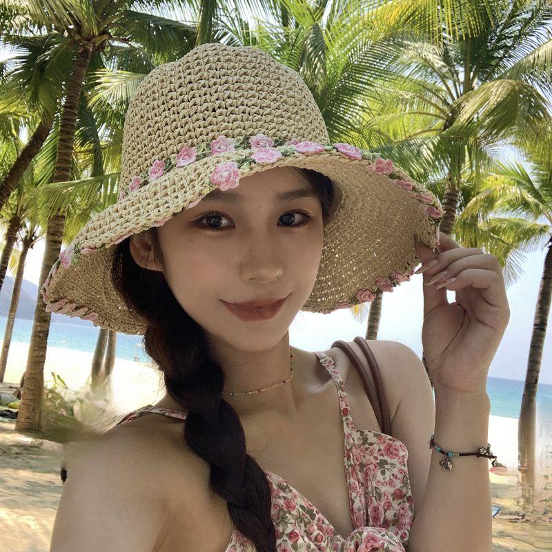 100.00kg Plus Size Women's Big Brim Grass Bows Hand-Woven Seaside Beach Hat Sun-Proof Face Cover Sun-Shade Straw Hat