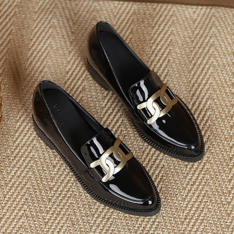 

Роскошные оксфорды с металлической цепочкой, женские туфли на плоской подошве, увеличивающие рост, женские туфли-дерби, маленькие кожаные туфли, лоферы с острым носком Femme2024 4.5 чёрный