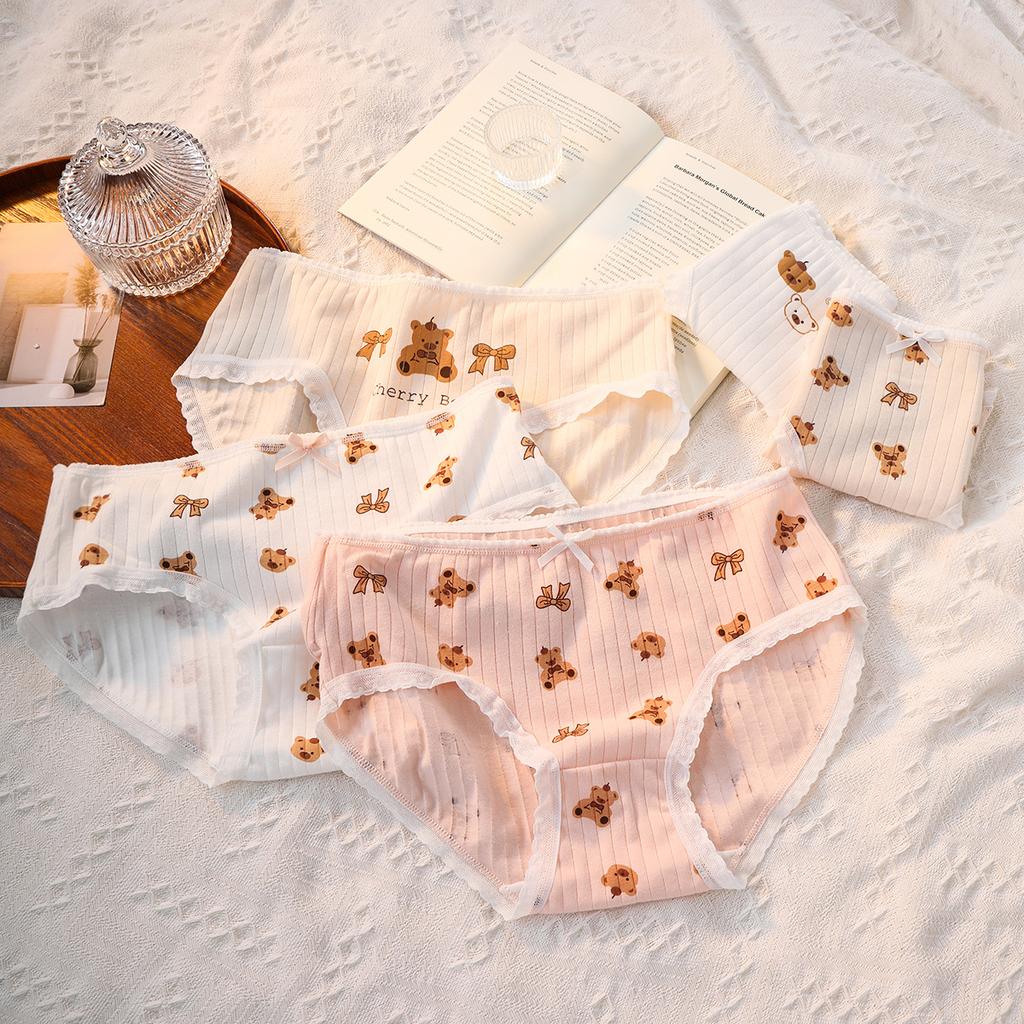 Female Spring and Autumn Bear Pure Cotton Comfortable Lace Edge Cute Student Underwear