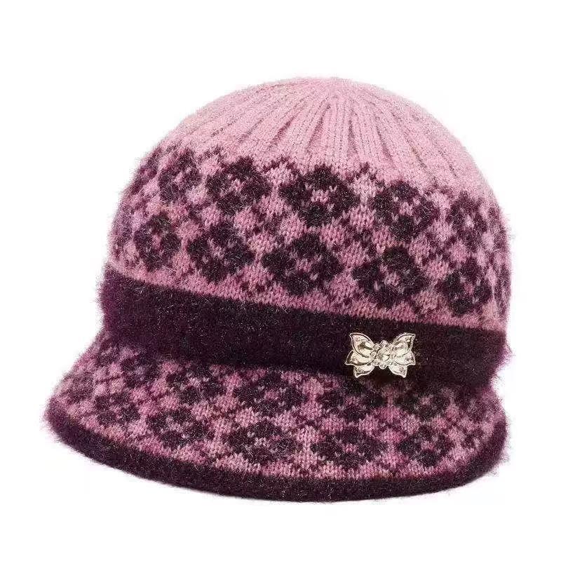 Autumn and winter warm middle-aged old lady hat grandma old man fashion knitted wool hat fleece thickened big eaves hat