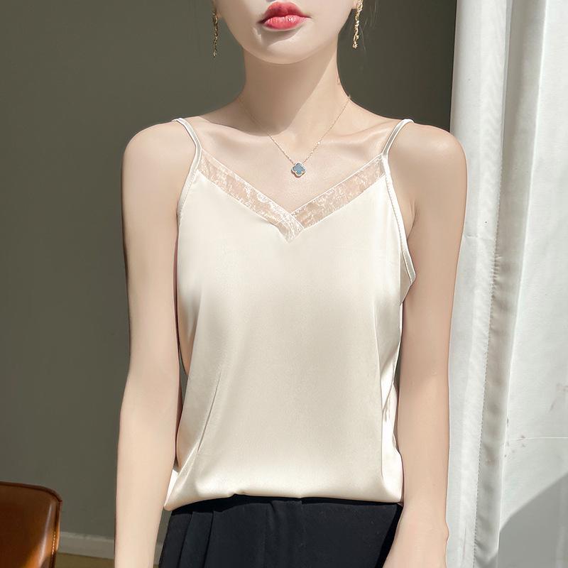 

Шелковый атласный топ-майка без рукавов с V-образным вырезом и сетчатыми вставками - Женская коллекция весна/лето 2025 XXL шампанского