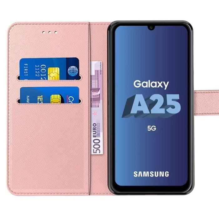 Coque pour Samsung Galaxy A25 5G, Rose, Protection Antichoc TPU et Cuir PU avec Porte-Cartes et Fonction de Support