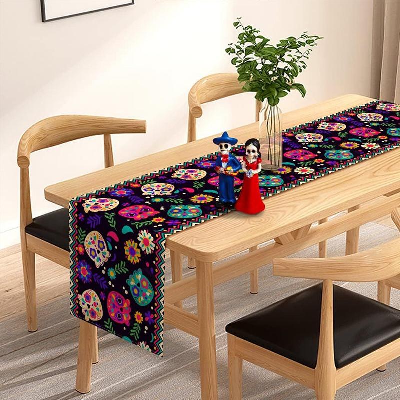 Halloween Table Runners Day of The Dead Party Tablecloth Party Ghost Accessories Floral Skull Ghost Horrible Dining Table Decor
