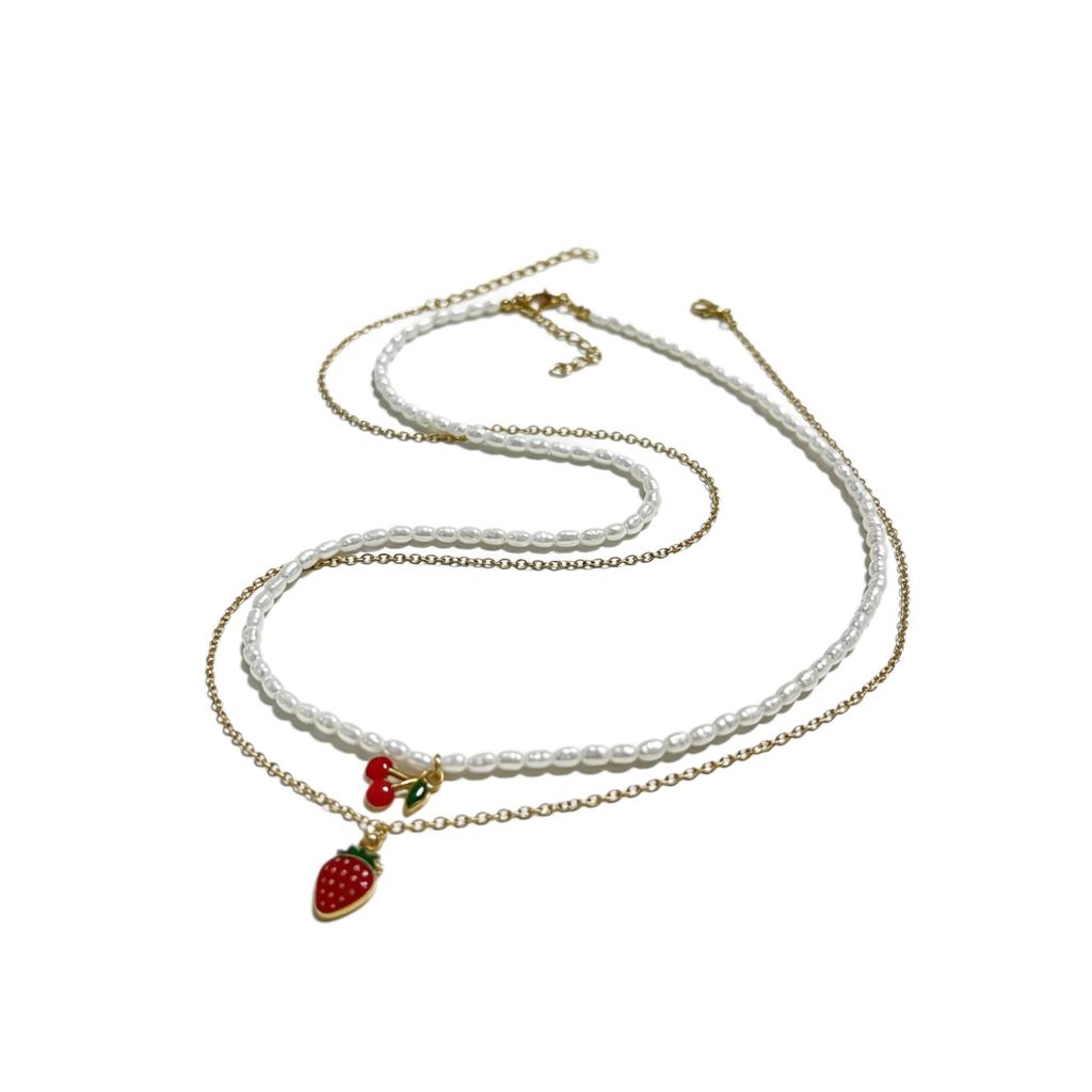 Hot-selling fashionable versatile strawberry double-layer necklace, simple summer small fresh imitation pearl collarbone chain necklace