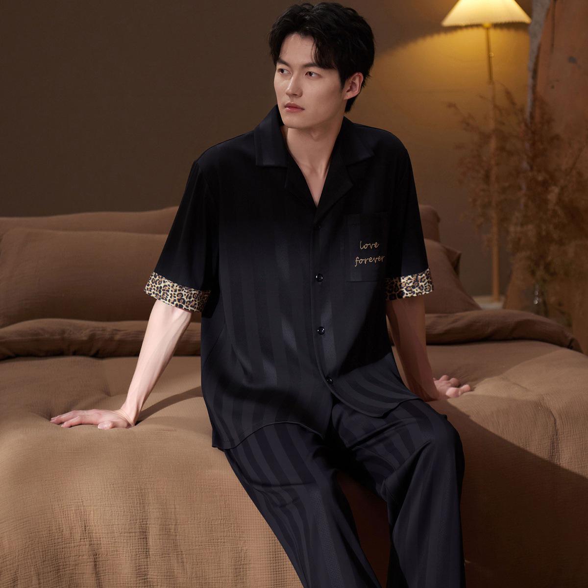 

Men s Luxurious Black Stripe Ice Silk Pajama Set: Short Sleeve & Long Pants XL
