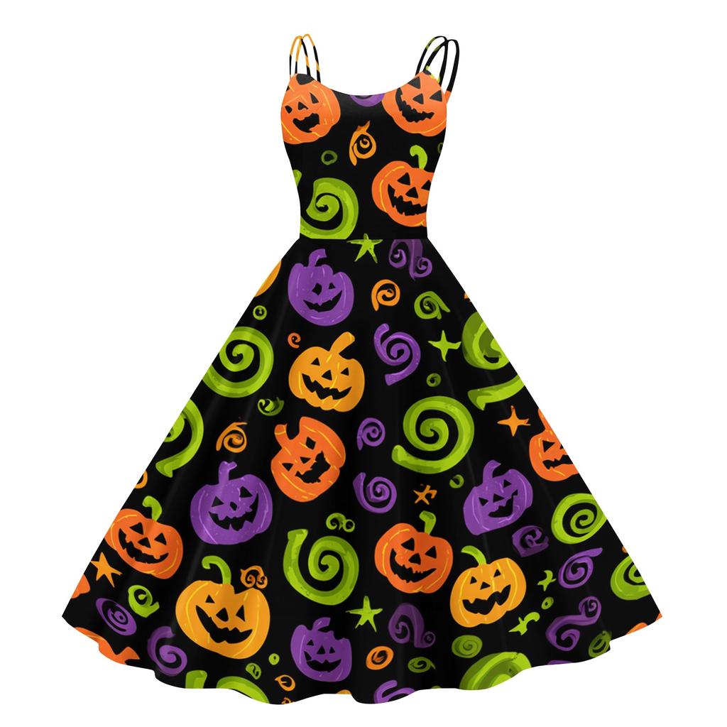 Women's Halloween Print Off Shoulder Vintage Punk Dress Sleeveless Spaghetti Strap Midi Dress with Full Skirt for Costume Party