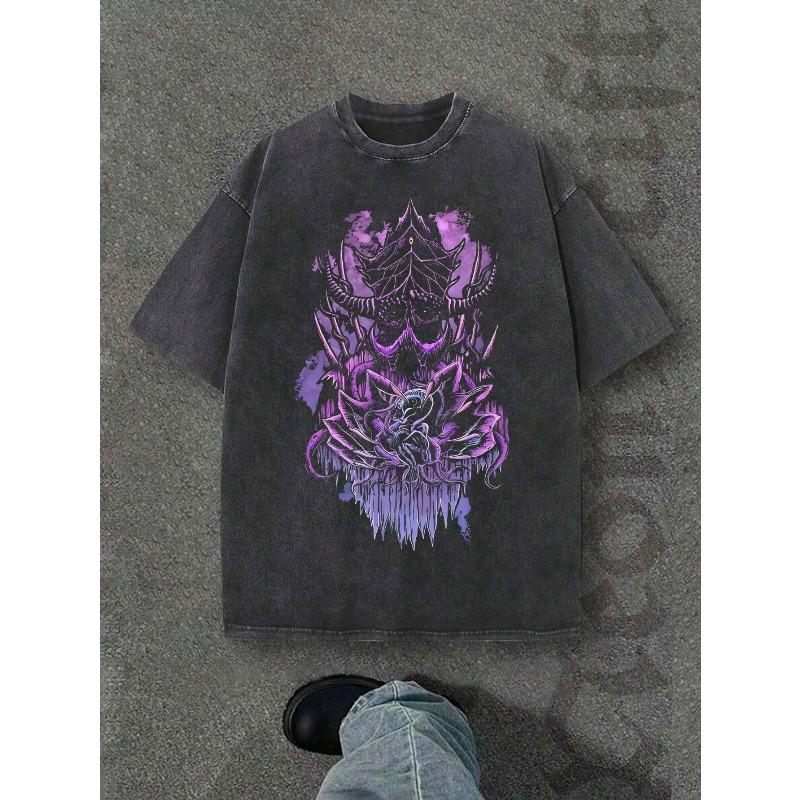 Dark Gothic Men s Washed T-shirt, Mechanical Bone Demon Print Pattern, Casual Street Retro Clothing S чёрный