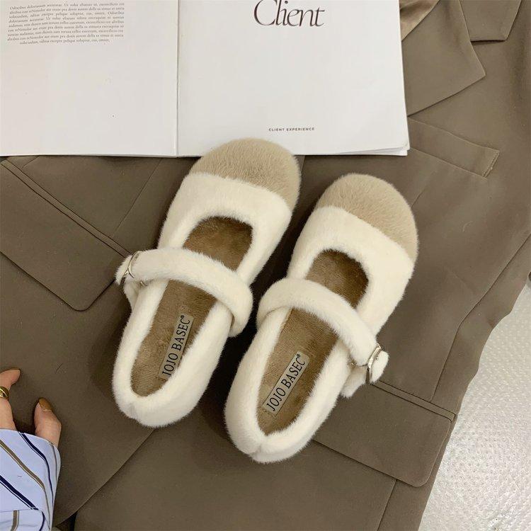 

Модные теплые балетки из натурального кроличьего меха для женщин, корейские мокасины с ремешком и пряжкой, уютные зимние плюшевые сноубутсы с круглым носком, нескользящие лоферы 35 бежевый
