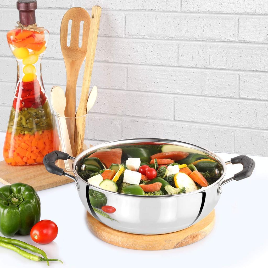 Cello Stainless Steel Induction Kadhai For Gas & Smooth Cooking | 3L Mirror Finish Deep Pan With Dual Handles