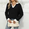 Women's Fashionable Lapel Long Sleeved Color Blocked Loose Casual Pullover Top