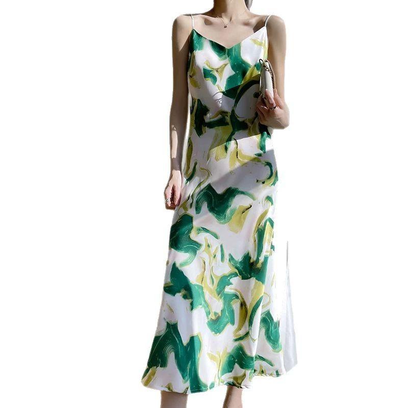 V-neck Spaghetti Strap Floral Dress Women V-neck Loose Sling Floral Dress
