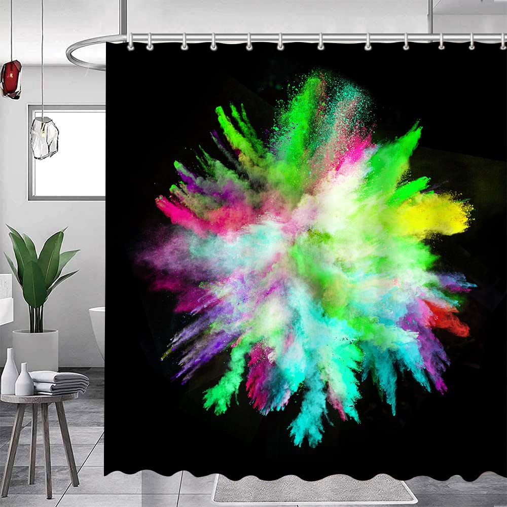 Bunter Duschvorhang Kunst Abstrakt Aquarell Mehrfarbig Regenbogen Atomare Sternenexplosion Mid Century Schwarzer Stoff Badezimmer Dekoration