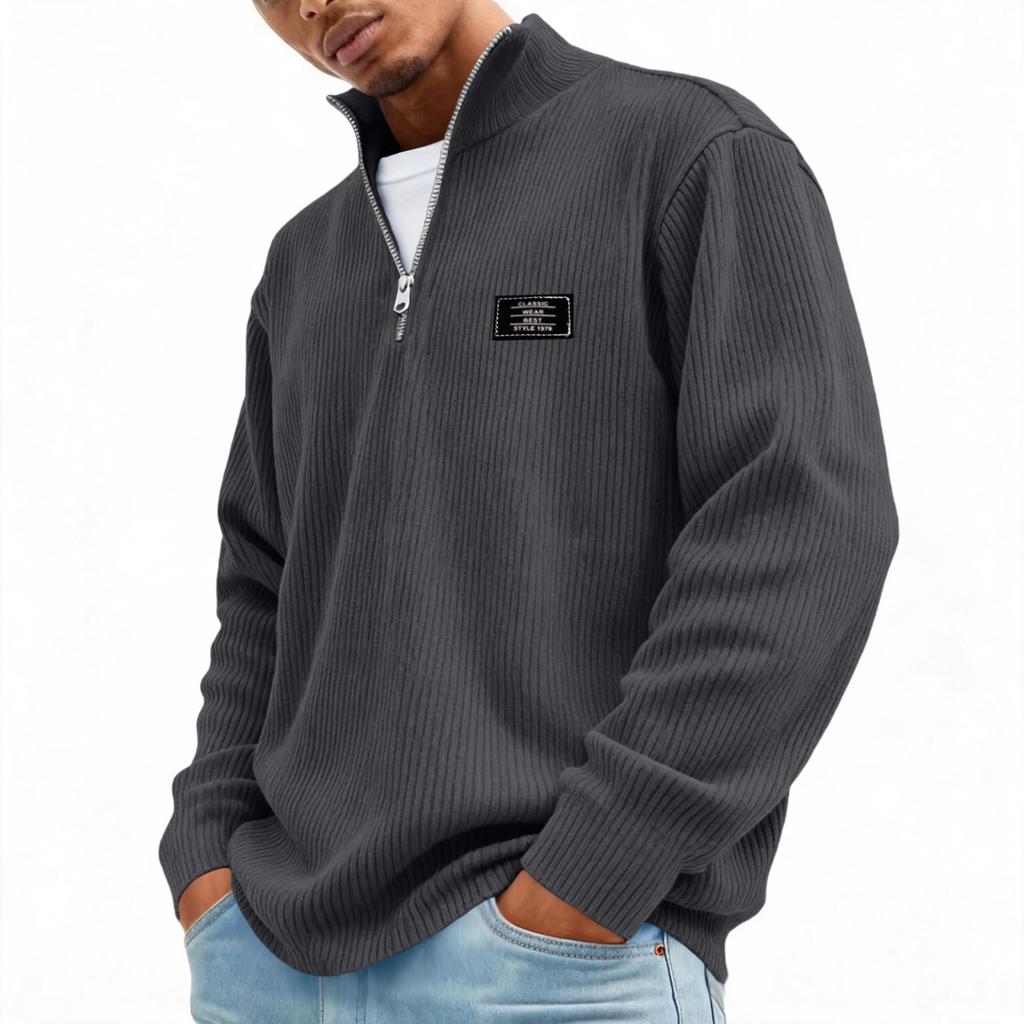 Men's Retro Corduroy Long Sleeve Shirt with Zip-Up Stand Collar Casual Top