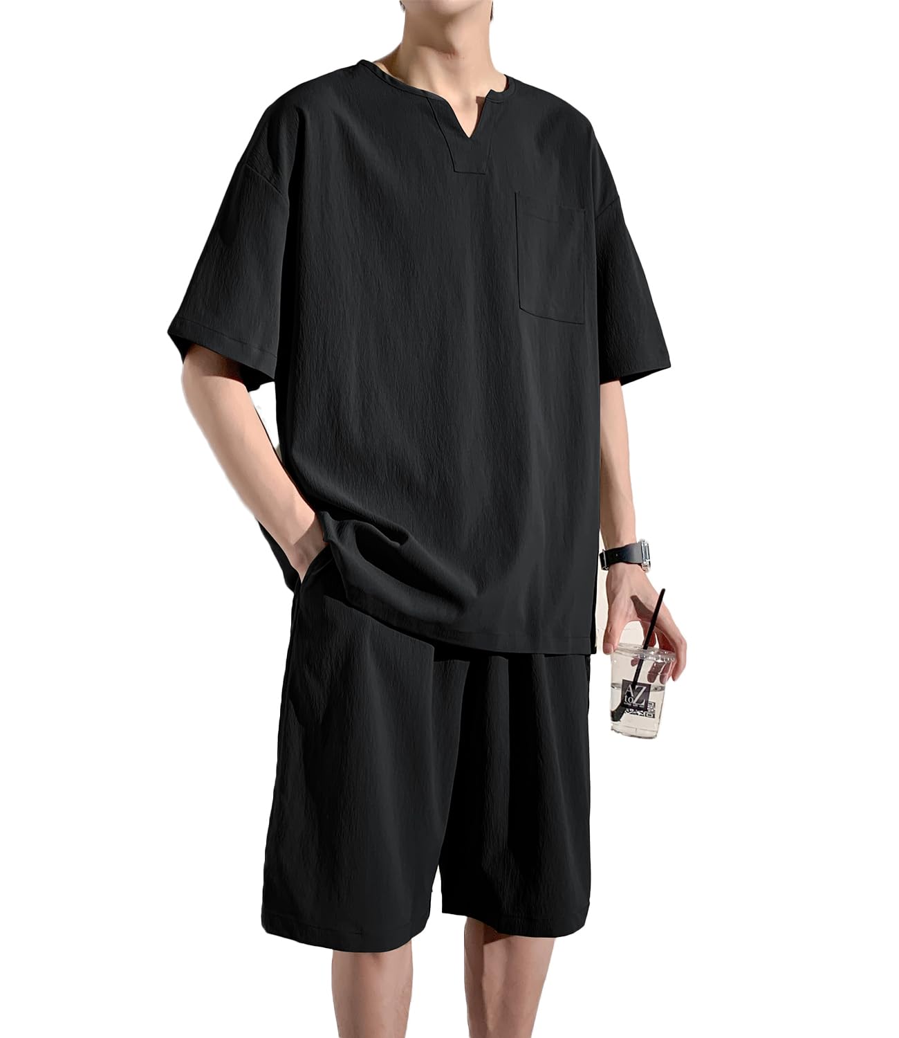 

Top and Bottom Short Short M [Atkata] Men s T-shirt, Set, 2-Piece Set, Sleeve, Shorts, Pants, Casual, Loungewear, Stylish, Black, чорний