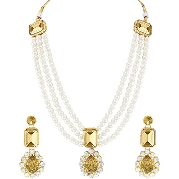Gold Plated Kundan Long Necklace Earring Indian Traditional Jewellery Set for Women & Girls