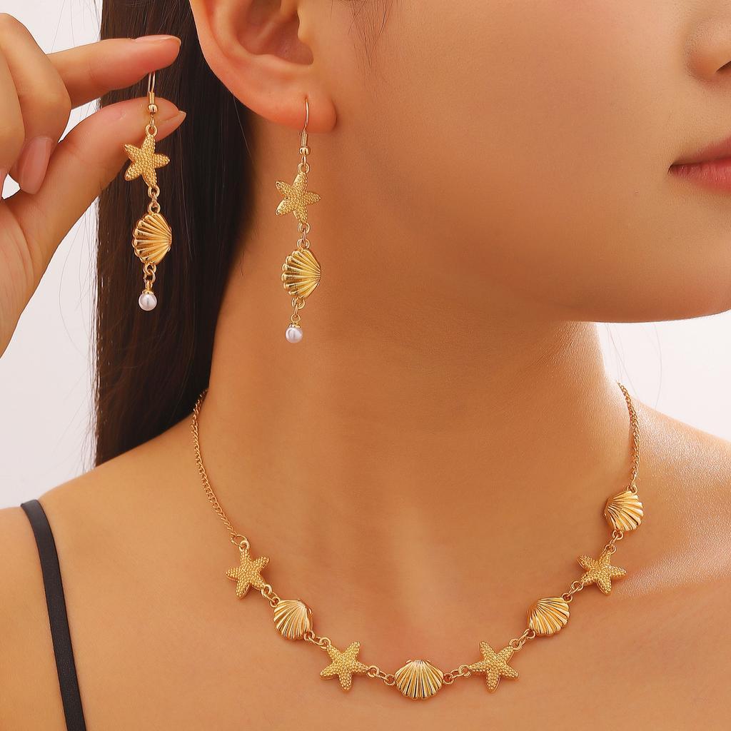 Gold Plated Starfish & Shell Jewelry Set, Ocean Themed Necklace, Earrings & Bracelet for Women