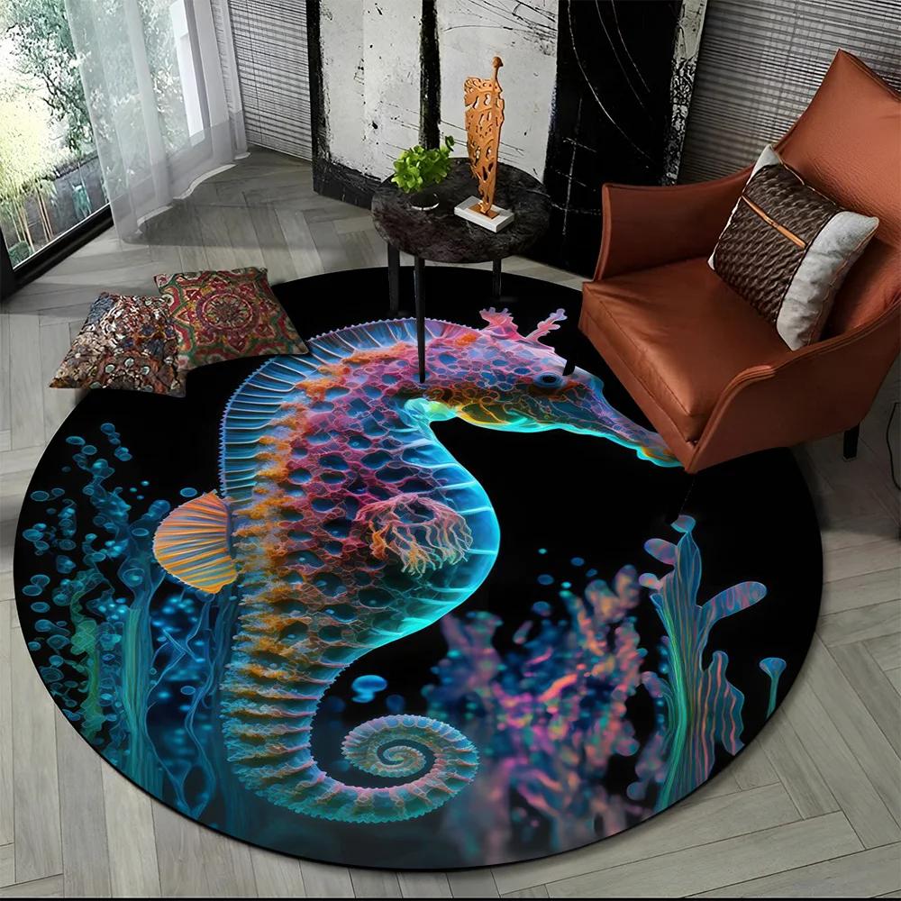 Underwater World Seabed Fish Dolphin Cartoon Round Carpet Rug for Living Room Bedroom Kids Decor,Pet Area Rug Non-slip Floor Mat