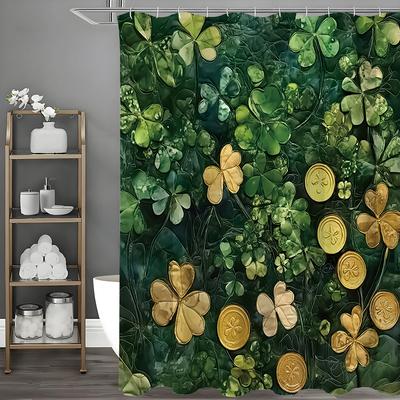 St. Patrick's Day Clover Gold Coin Shower Curtain, Bathroom Decorative Shower Curtain, Waterproof Shower Curtain with Hooks