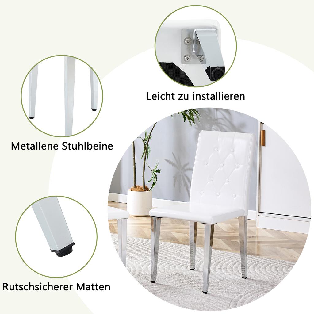 Set of 4 dining chairs in pure white with high-gloss silver - light luxury. The first choice for European dining areas. Silver-coloured metal legs.