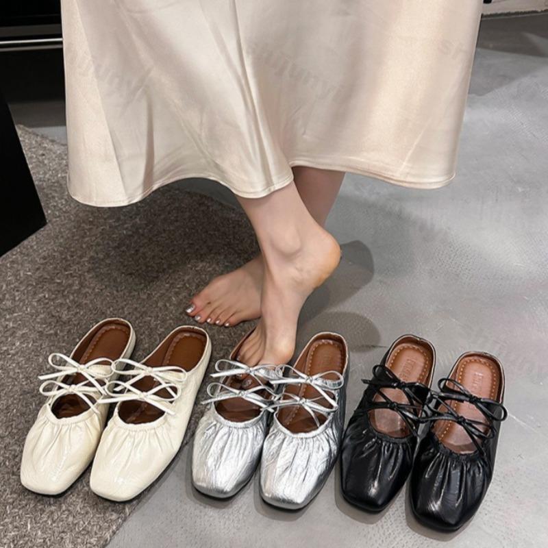 Fashion Summer Women Flats Slippers Square Toe Shallow Mules Shoes 2025 Bow Designer Woman Slides Fashion New Brand Sandalias De Mujer