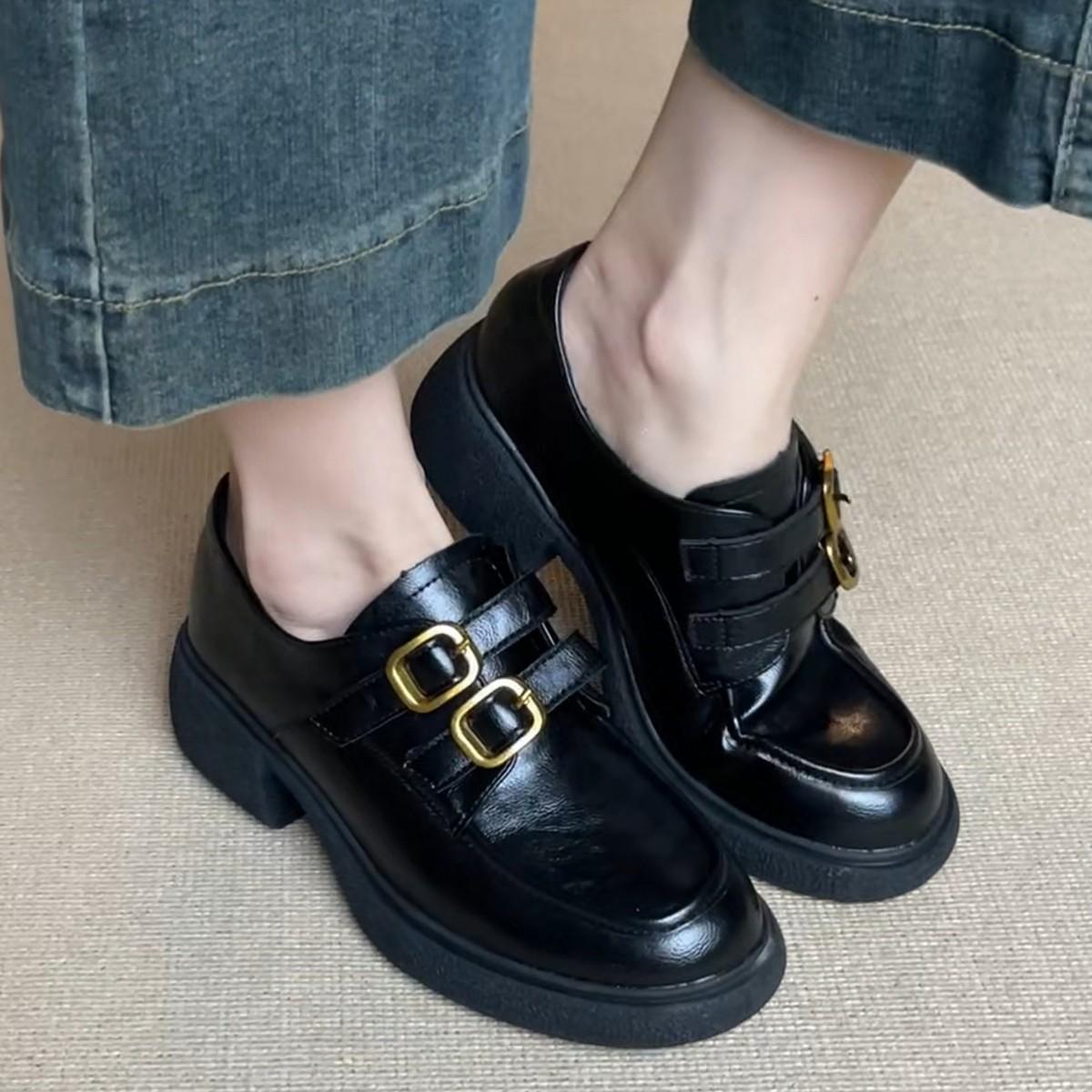 

Французские лоферы на платформе 2025 весна новая круглая голова универсальные ретро британские толстый каблук Мэри Джейн маленькие кожаные туфли женские 40 чёрный