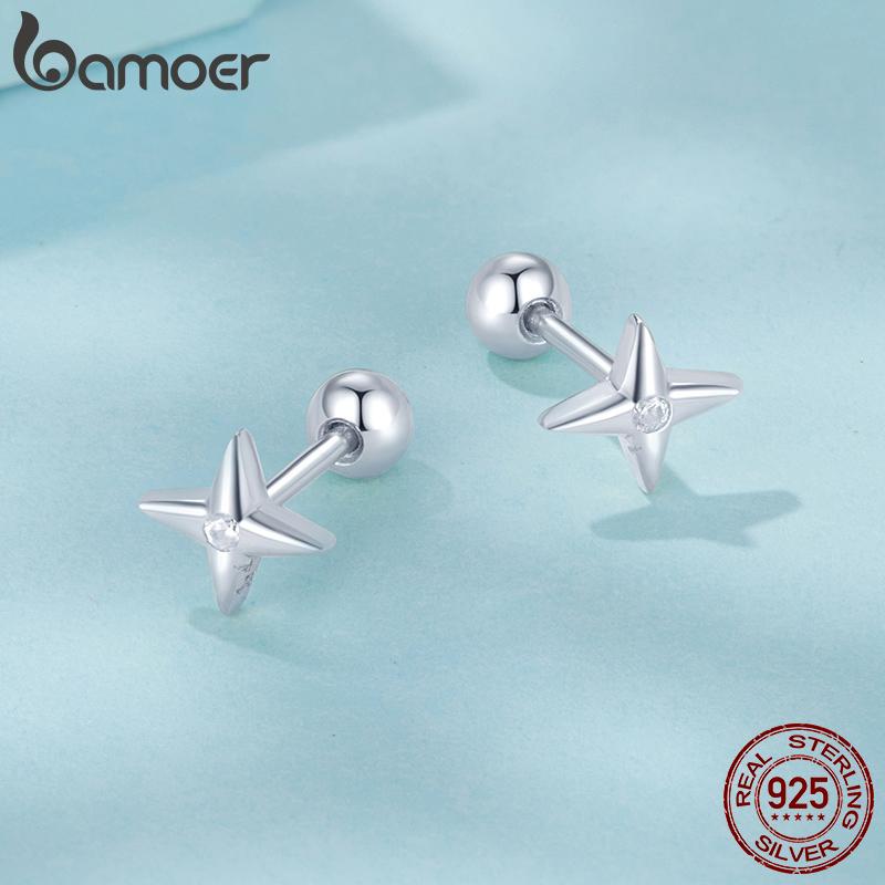 BAMOER 100% 925 Sterling Silver Star Stud Earrings, Handmade 6mm Dainty CZ Gold Plated Earrings for Women Jewelry Gift
