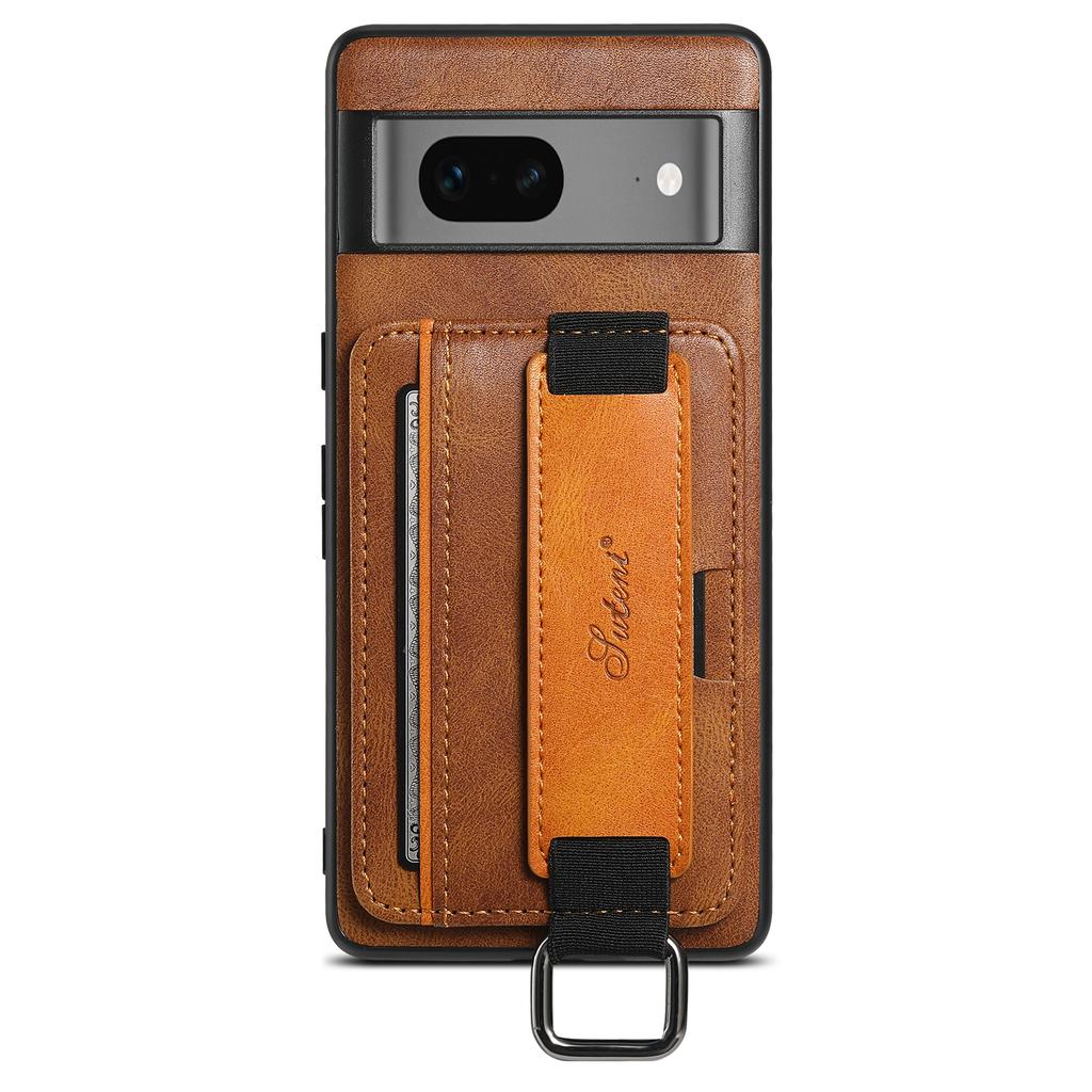 SUTENI H13 Leather Coated PC+TPU Case for Google Pixel 7a,Kickstand Card Holder Phone Back Cover with Hand Strap