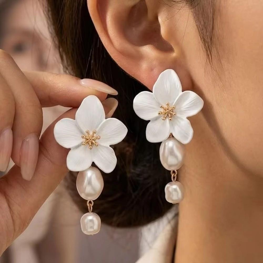 White Flower Drop Earrings Drop Shape Dangle Earrings Fashion Imitation Pearl Earrings  Gift
