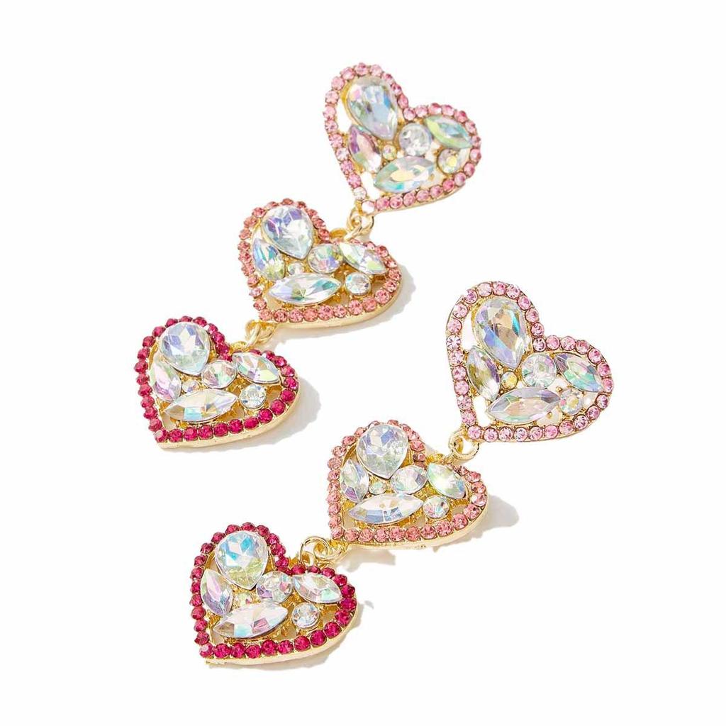 European & American Love Heart Multi-layer Rhinestone Dangle Earrings
