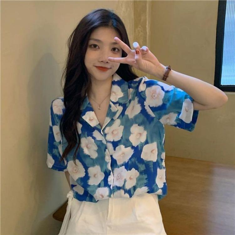 

Fashion Korean Summer Blouse Women Shirt Flower Oil Painting Print Cute Loose Collar Holiday Style Ladies Blusas onesize синий