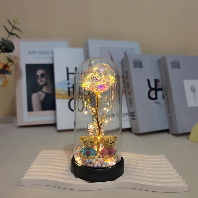 Eternal Flower Glass Lamp Plastic Cover Night Light Rose Simulation Flower With Bear Valentine Day Gift For Girlfriend