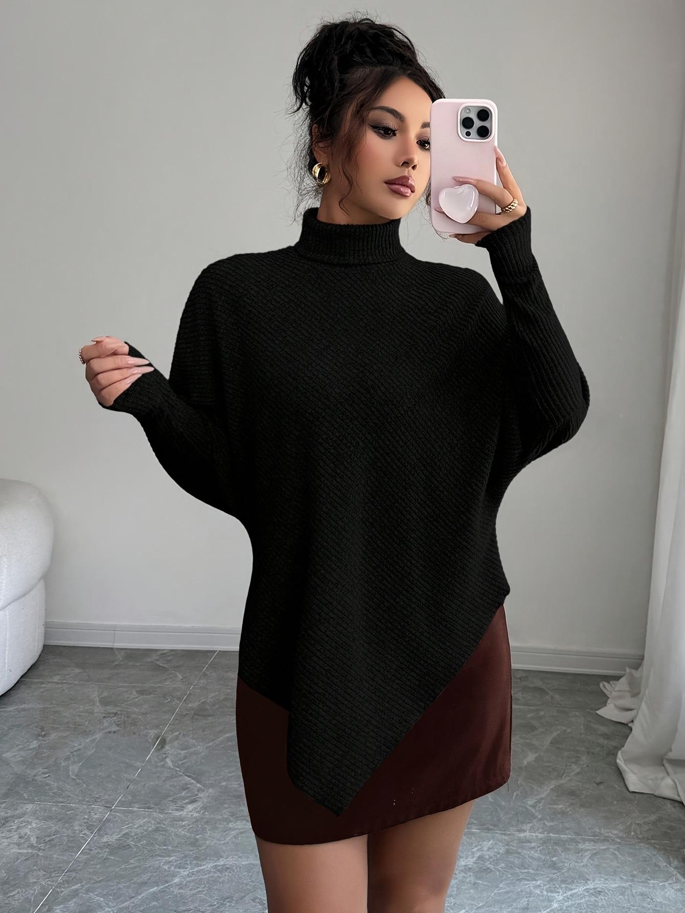 New turtleneck knitted ribbed long-sleeved irregular hem women s top sweater S чёрный