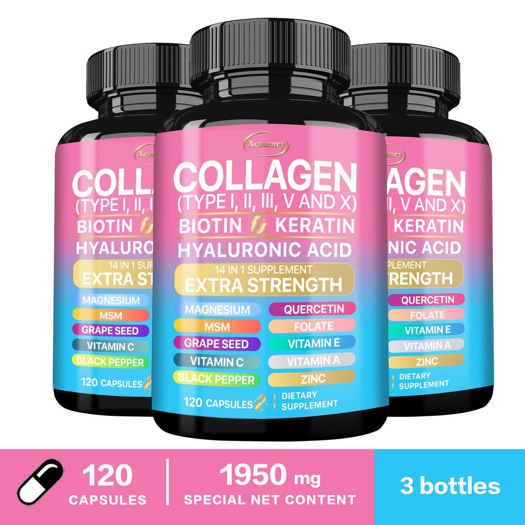 Collagen Peptide Capsules Containing Biotin, Keratin, Vitamin C, Vitamin E, Zinc, Magnesium, and Skin Health Support.
