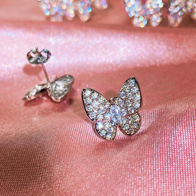 Huitan Luxury Crystal Butterfly Earrings for Women Full CZ Dazzling Fancy Female Stud Earrings Party Daily Wear Trendy Zircon