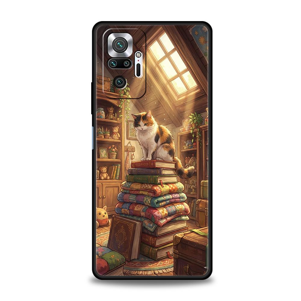 

Phone Case Cover for Redmi 14C 13C 10C Note 14 13 12 10 11 K40 K50 Gaming Pro Plus Soft TPU Cute Butterfly Cat Bookshelf Design Note 13 Pro 5G