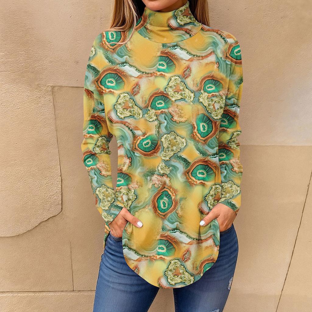 Tee Shirts For Women Fall Casual Long Sleeve Shirts Sweatshirt Vintage Printed High Neck Top Pullover
